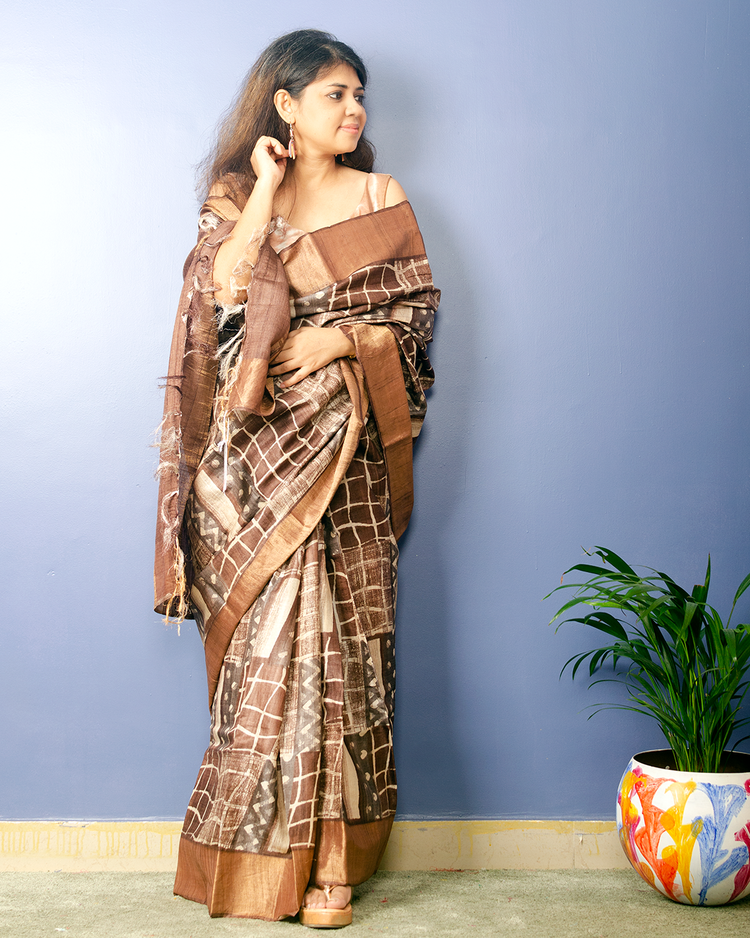 Mix Of Brown Color Hand Block Print on Pure Tussar Silk