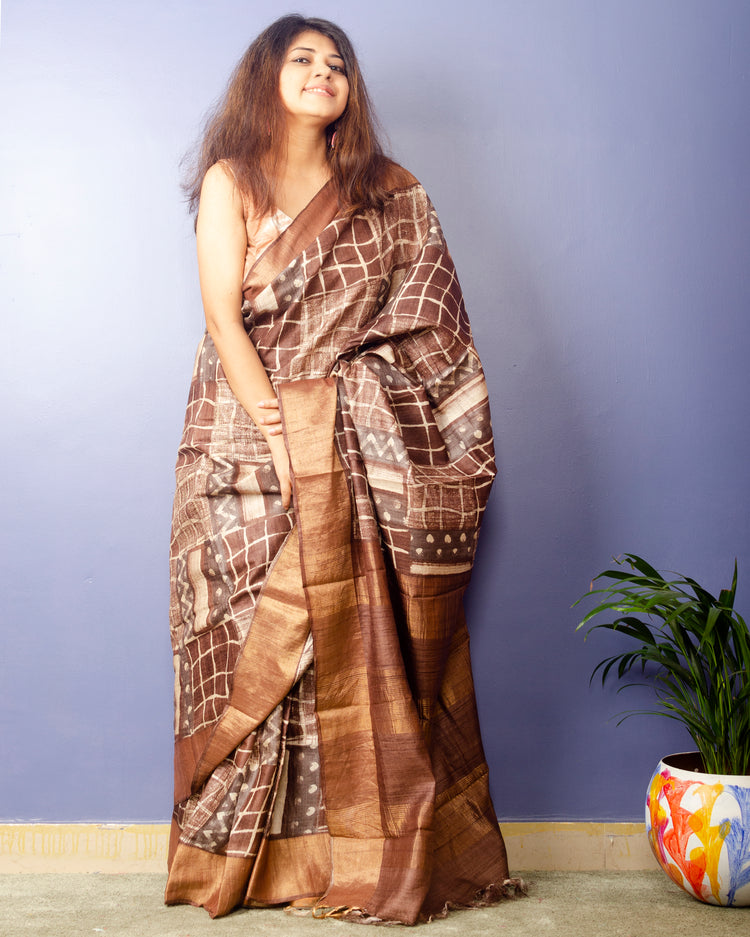 Mix Of Brown Color Hand Block Print on Pure Tussar Silk