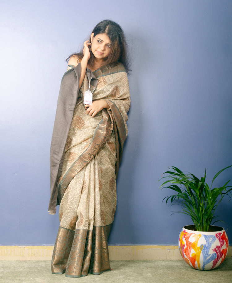 Off-white Handwoven Pure Tussar Silk With Digital Print and Antique Banarasi Border