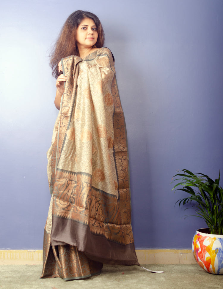 Off-white Handwoven Pure Tussar Silk With Digital Print and Antique Banarasi Border