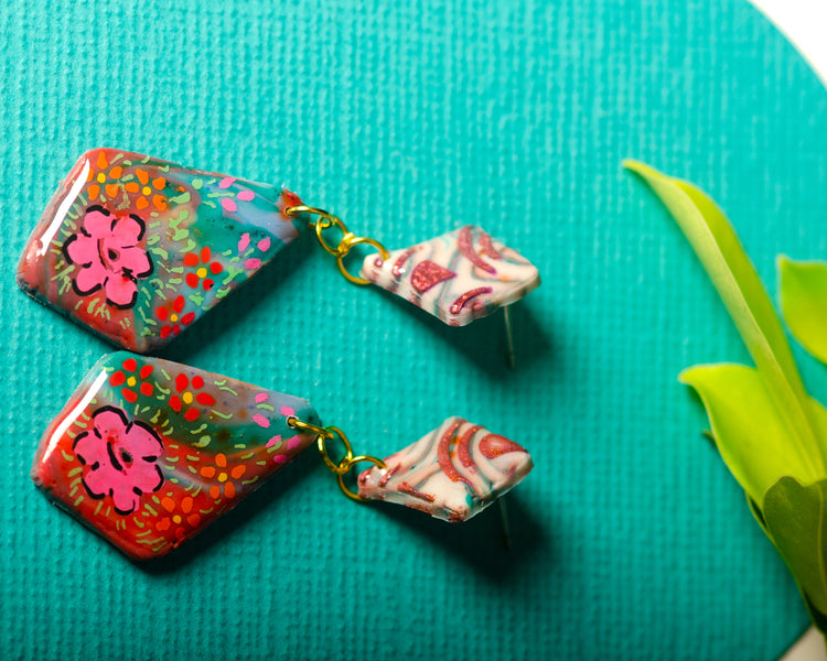 Flora - Clay and Resin Earrings with Free Hand Art.