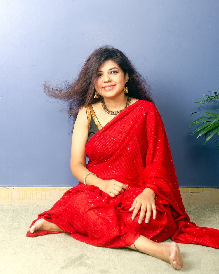 Red with sequin Georgette Sari
