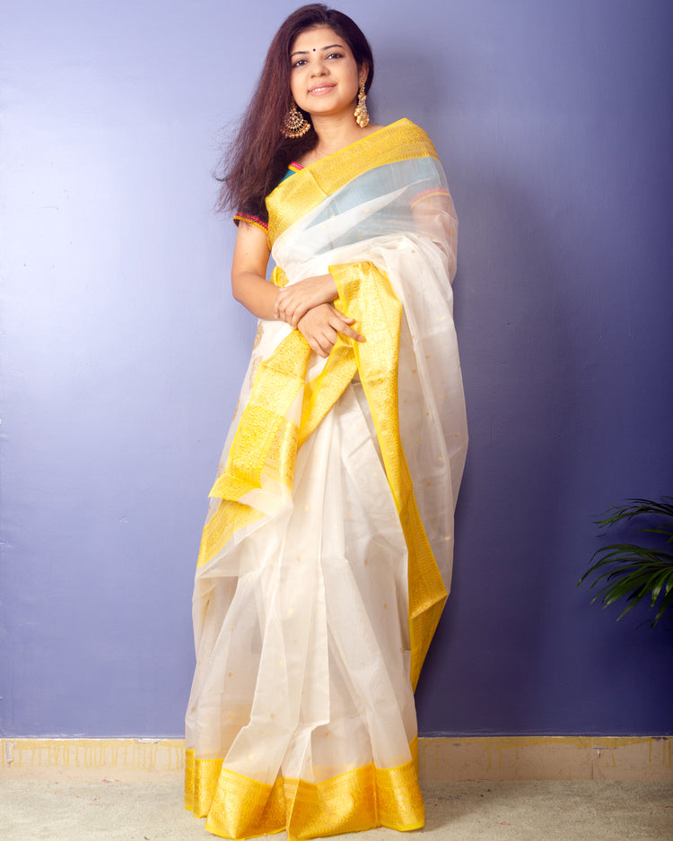 White Chanderi Handwoven Pure Silk by Silk Sari with Green zari Border