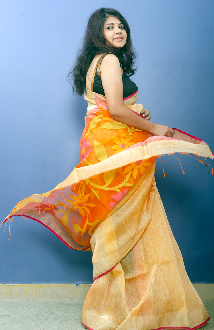 Handwoven Apricot Colour Pure Silk Linen Sari With Jamdani Paluu