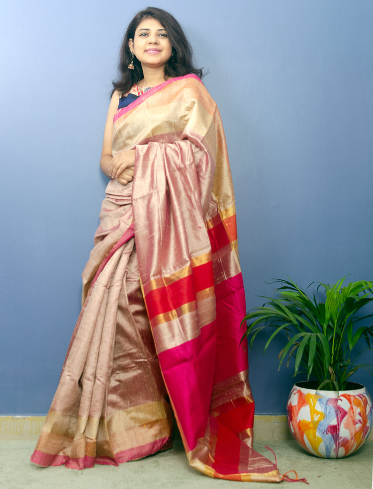 Beige Color Pure Dupion Silk Handwoven Sari with Pink and Red Pallu