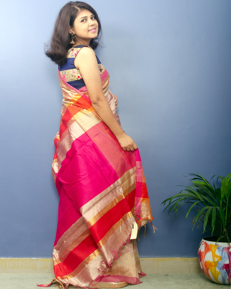 Beige Color Pure Dupion Silk Handwoven Sari with Pink and Red Pallu