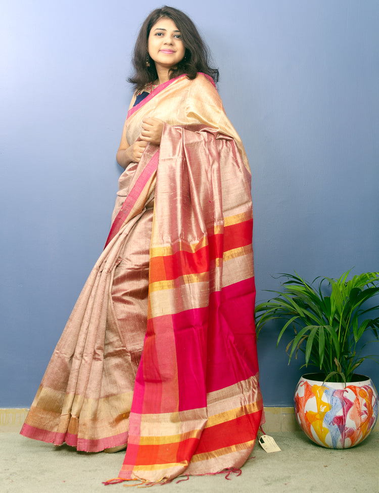 Beige Color Pure Dupion Silk Handwoven Sari with Pink and Red Pallu