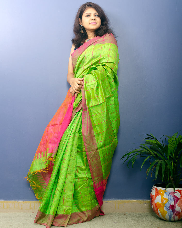 Parrot Green Pure Dupion Silk Handwoven Sari with Pink Border and checkered body