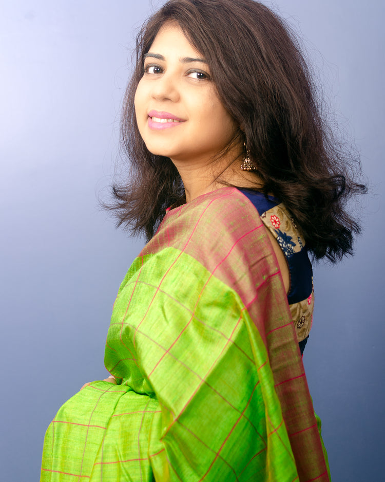 Parrot Green Pure Dupion Silk Handwoven Sari with Pink Border and checkered body