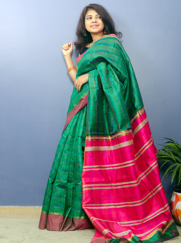 Deep Green Pure Dupion Silk Handwoven Sari with Pink Pallu