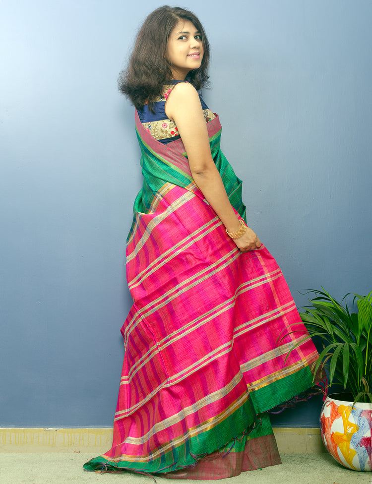 Deep Green Pure Dupion Silk Handwoven Sari with Pink Pallu