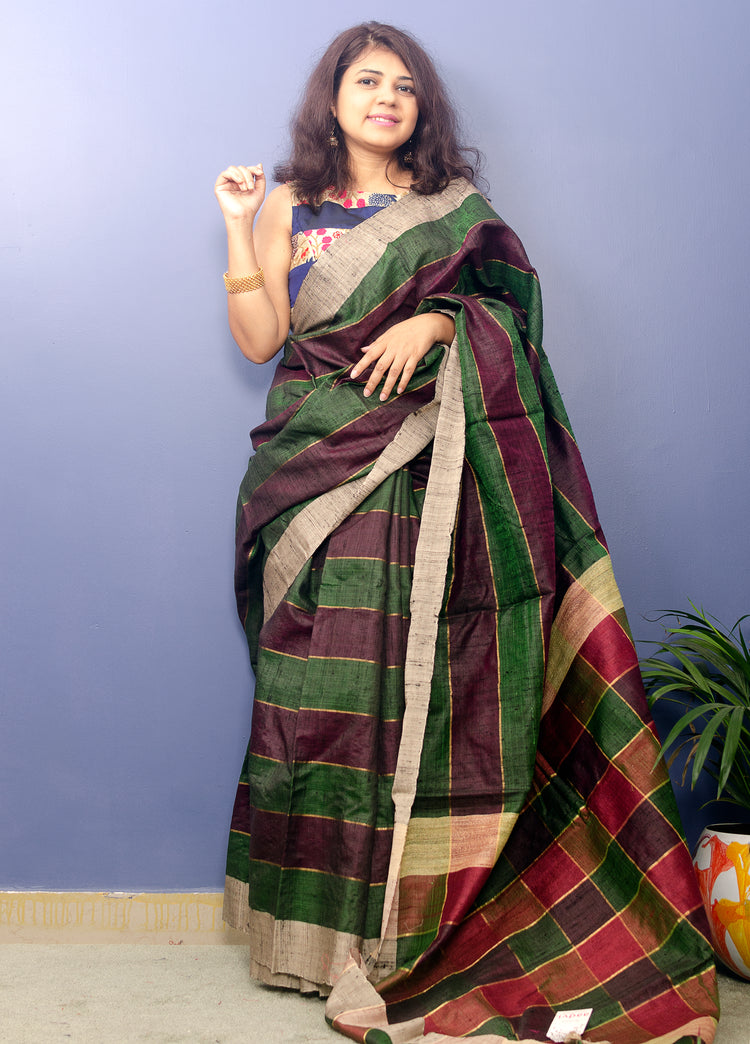 Wine Green Pure Dupion Silk Handwoven Sari with multi colored checkered pallu