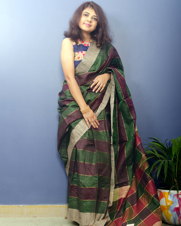 Wine Green Pure Dupion Silk Handwoven Sari with multi colored checkered pallu