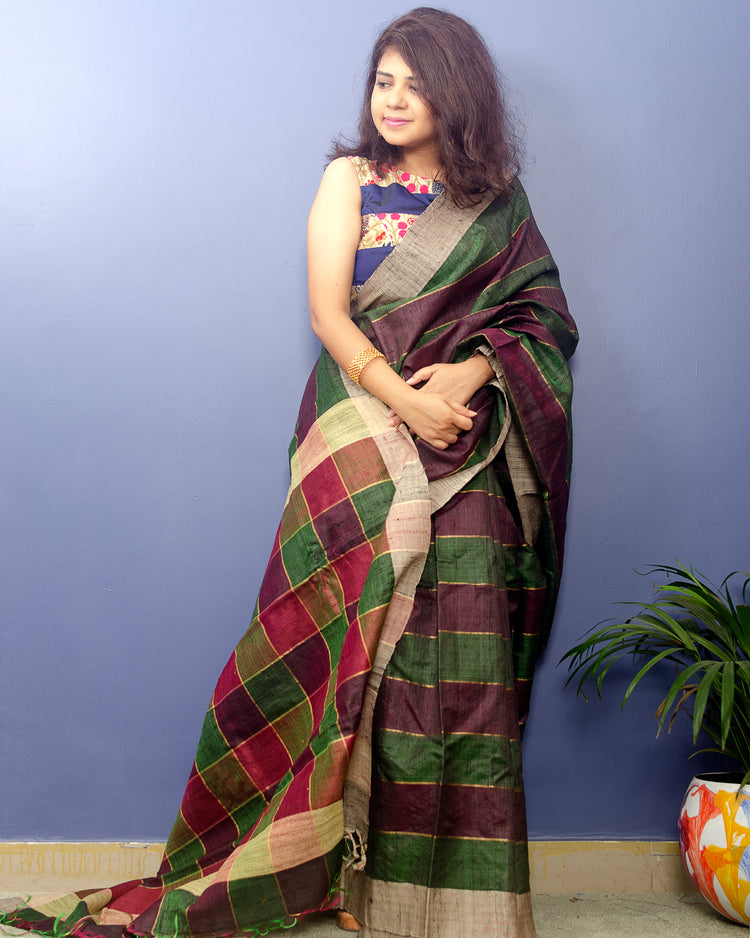 Wine Green Pure Dupion Silk Handwoven Sari with multi colored checkered pallu