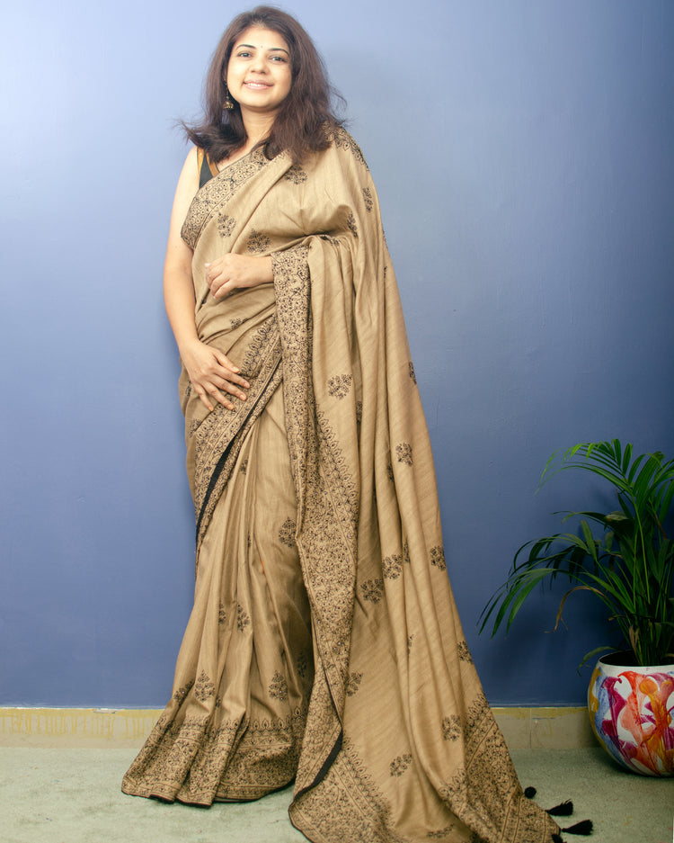 Beige Color Blended Silk Sari with Threadwork and black rhinestone