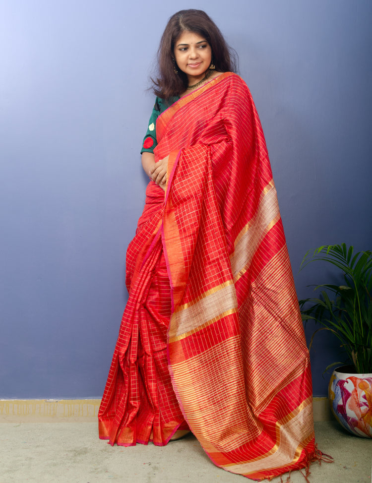 Red Pure Dupion Silk Handwoven Sari with allover golden check pattern