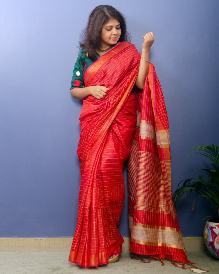 Red Pure Dupion Silk Handwoven Sari with allover golden check pattern