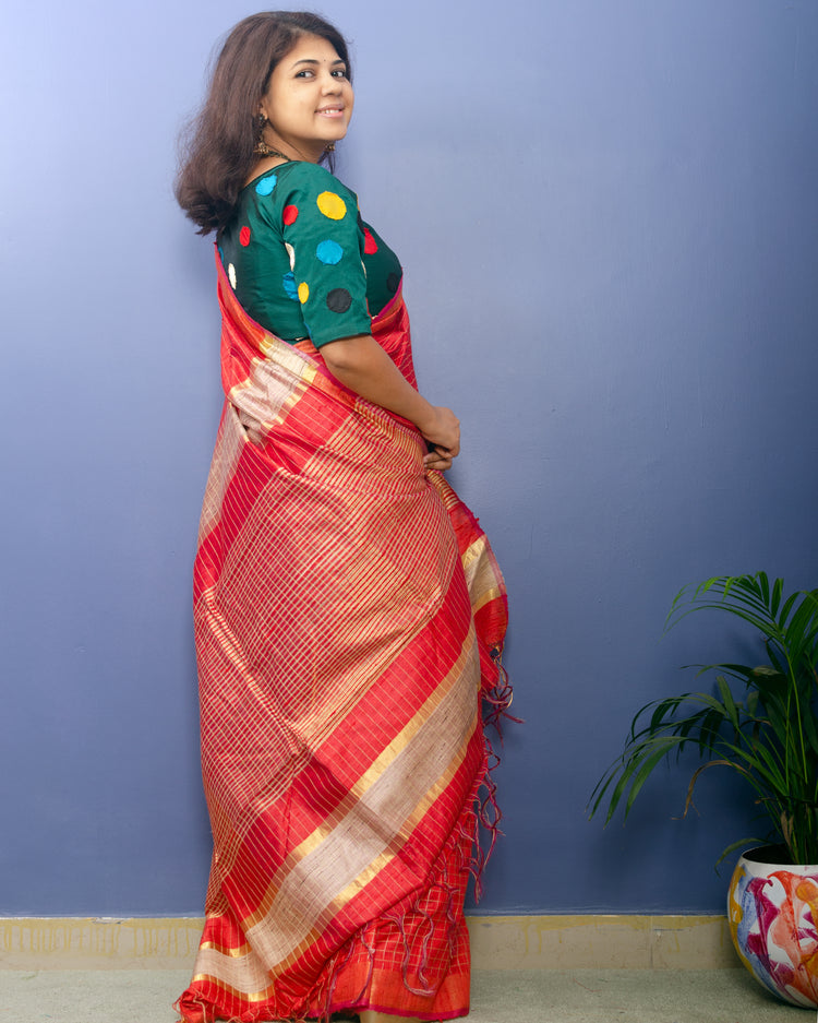 Red Pure Dupion Silk Handwoven Sari with allover golden check pattern