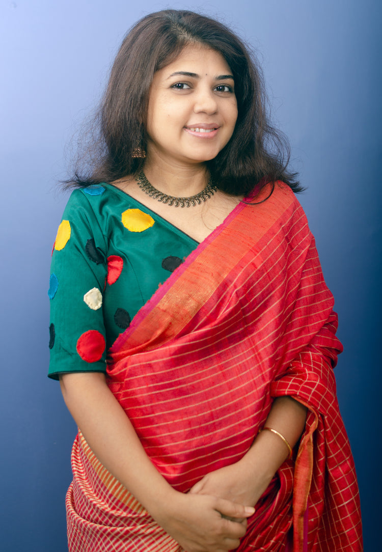 Red Pure Dupion Silk Handwoven Sari with allover golden check pattern