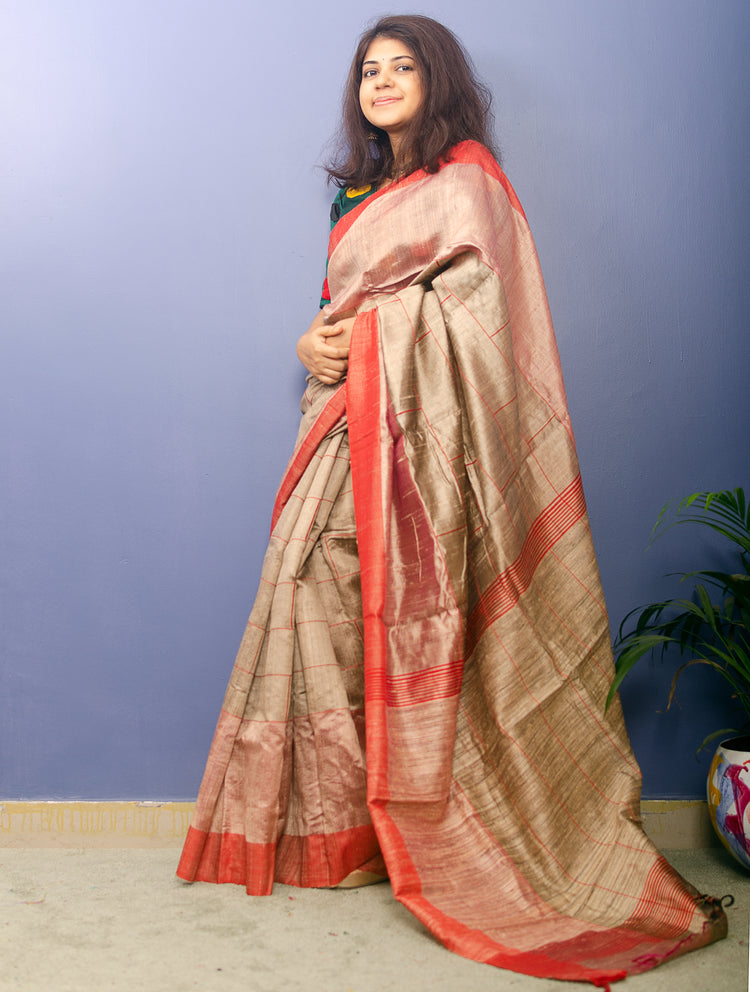 Golden Beige Pure Dupion Silk Handwoven Sari