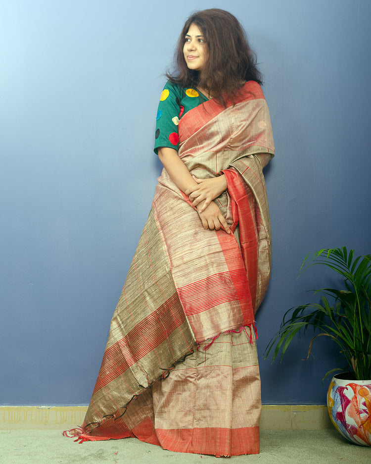 Golden Beige Pure Dupion Silk Handwoven Sari
