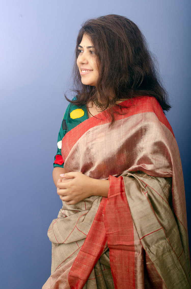 Golden Beige Pure Dupion Silk Handwoven Sari