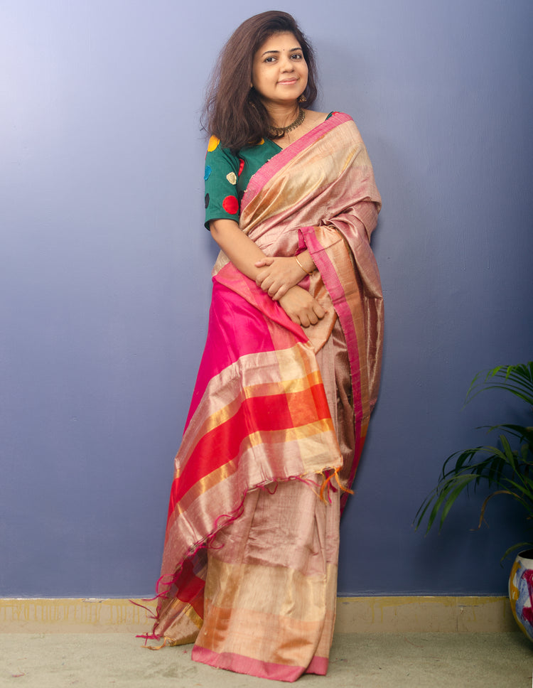 Rose Gold Pure Dupion Silk Handwoven Sari