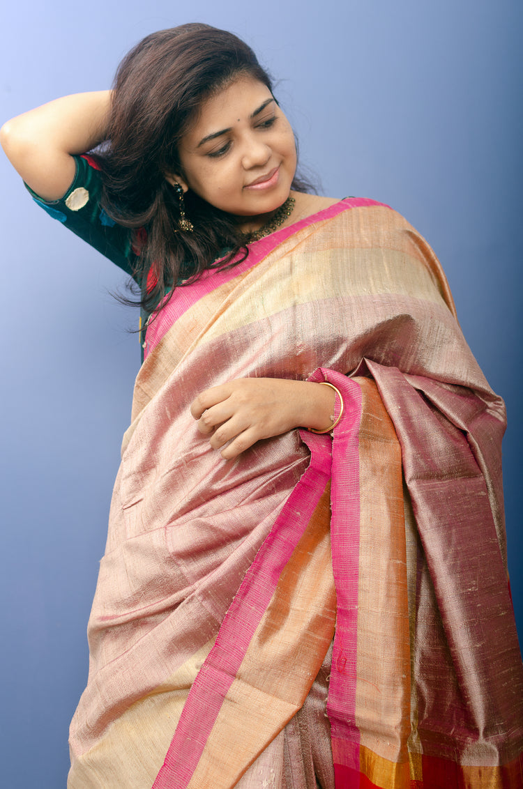 Rose Gold Pure Dupion Silk Handwoven Sari