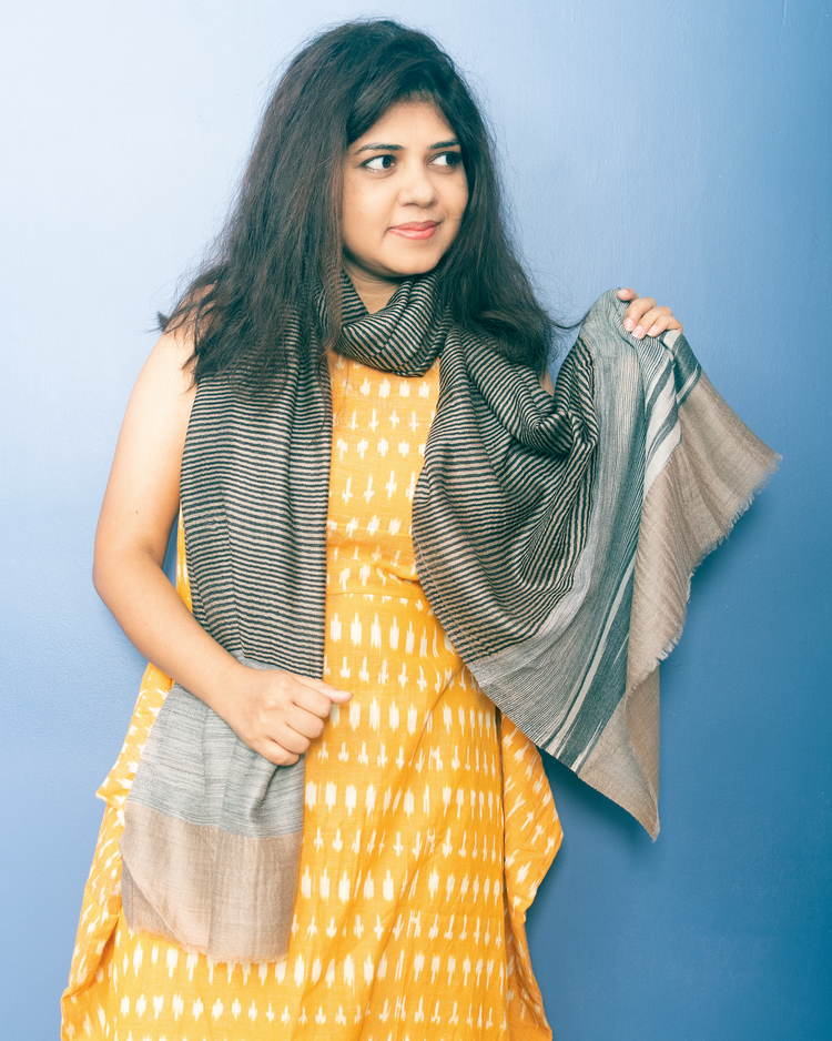 Natural Color With Black Stripe Woven Pashmina Stole