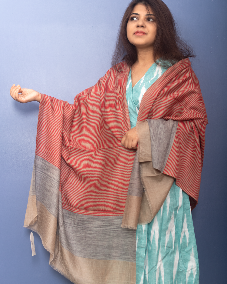 Natural Color With Red Stripe Woven Pashmina Stole
