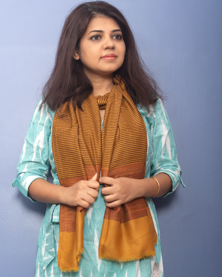 Mustard Color With Brown Stripe Woven Pashmina Stole