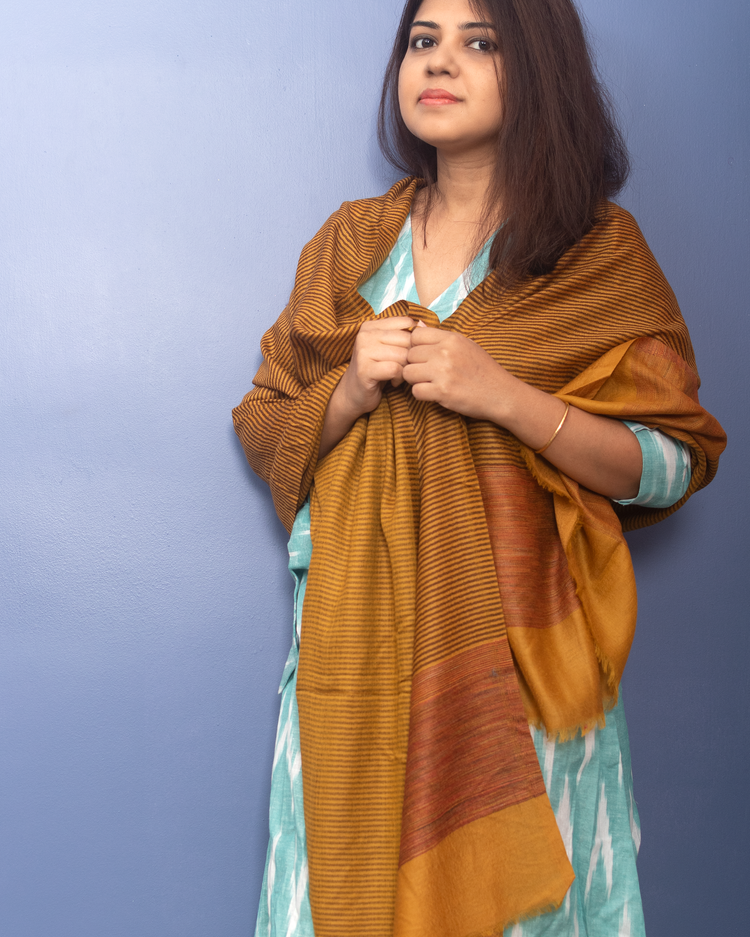 Mustard Color With Brown Stripe Woven Pashmina Stole