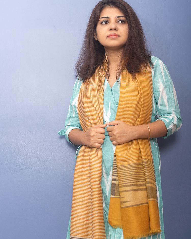 Mustard Yellow Color With Beige Stripe Woven Pashmina Stole