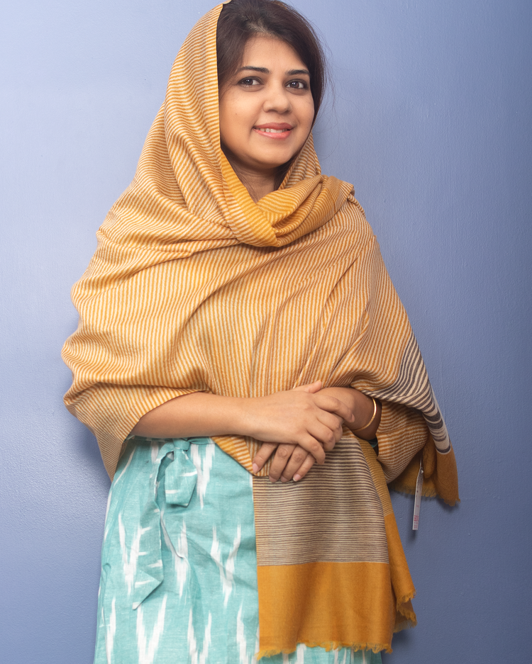 Mustard Yellow Color With Beige Stripe Woven Pashmina Stole