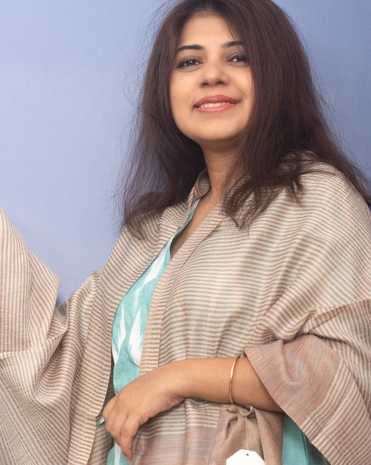 Natural Color With Brown Stripe Woven Pashmina Stole .