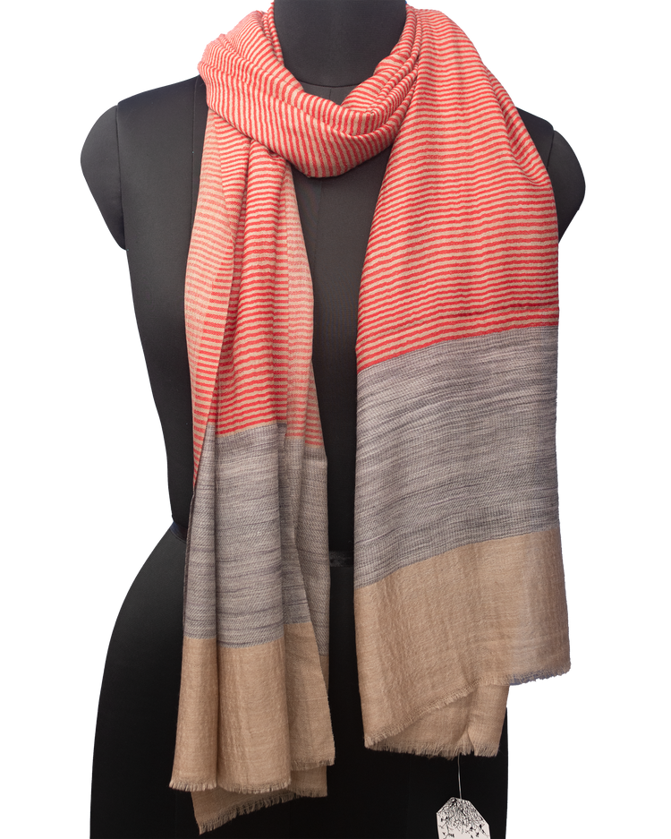 Natural Color With Red Stripe Woven Pashmina Stole
