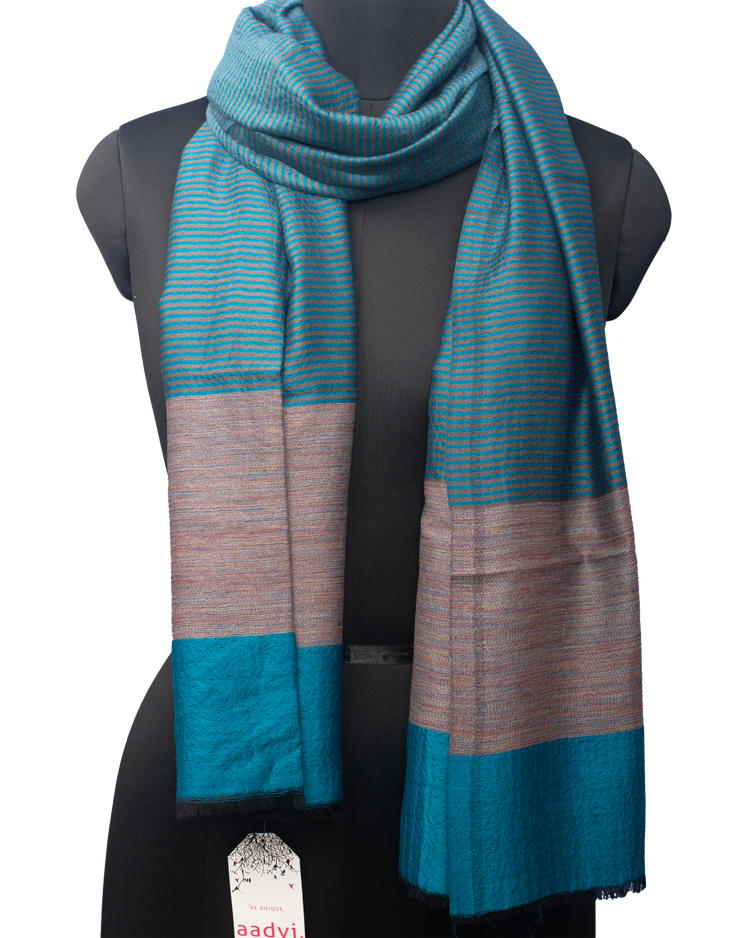 Aegean Blue Color With Black Stripe Woven Pashmina Stole
