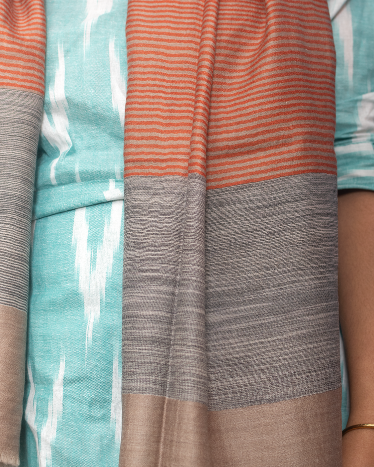 Natural Color With Red Stripe Woven Pashmina Stole