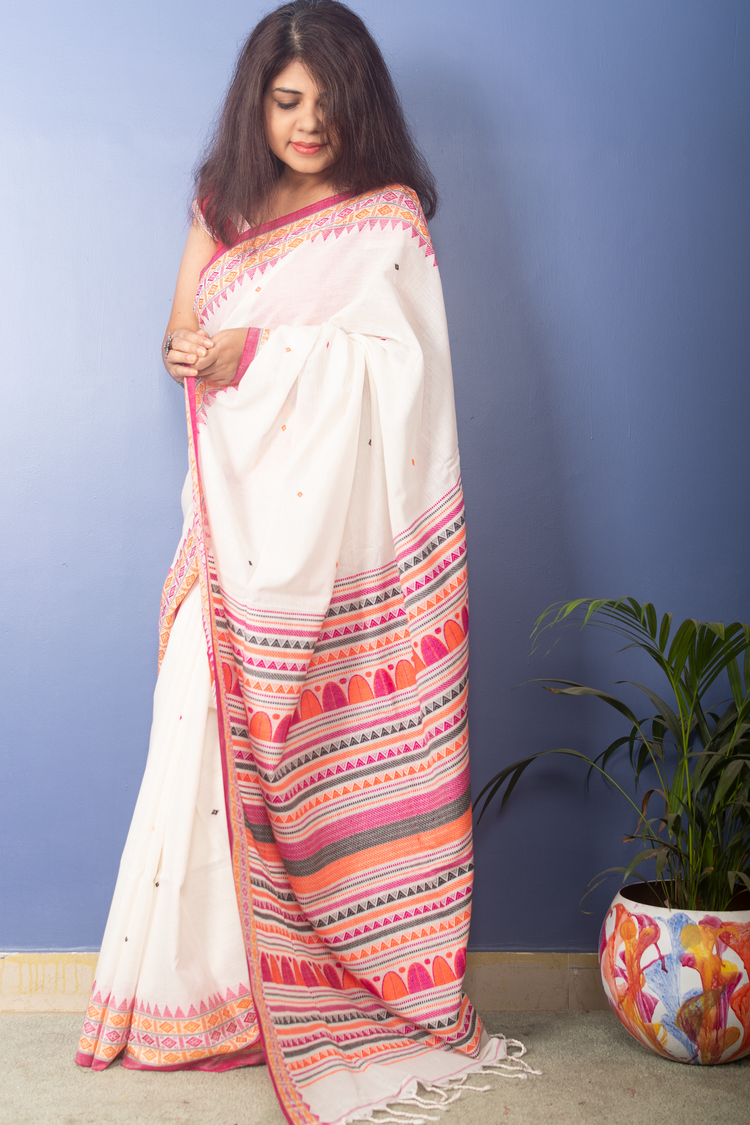 White Handwoven Cotton Sari With Multicolor Woven Pallu