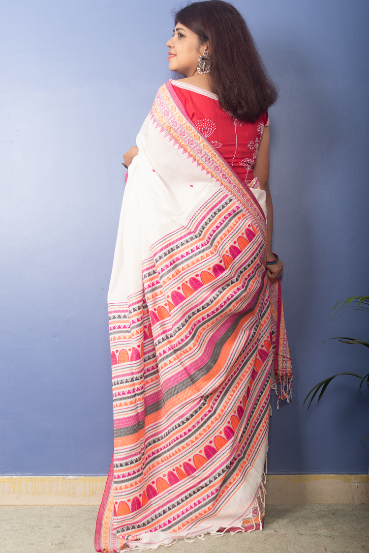 White Handwoven Cotton Sari With Multicolor Woven Pallu