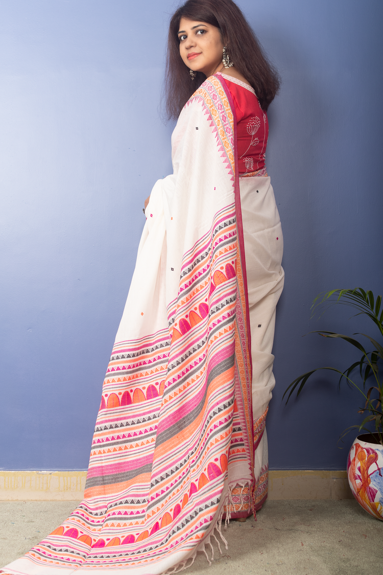 White Handwoven Cotton Sari With Multicolor Woven Pallu