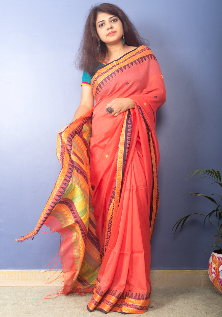 Coral Peach Handwoven Cotton Sari With Multicolor Woven Pallu