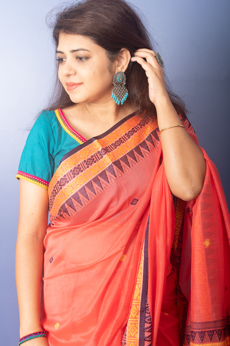 Coral Peach Handwoven Cotton Sari With Multicolor Woven Pallu