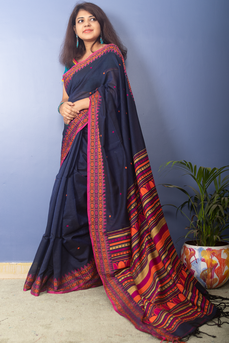 Navy Blue Handwoven Cotton Sari With Multicolor Woven Pallu