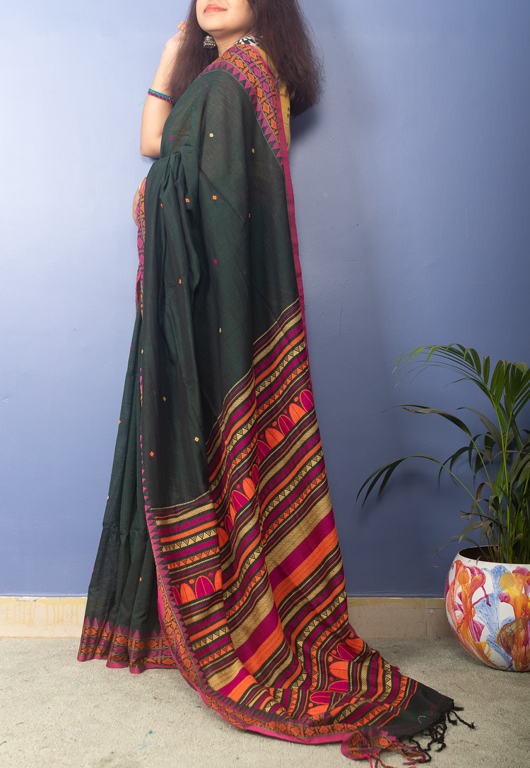 Dark Green Handwoven Cotton Sari With Dhanikhali Woven Pallu