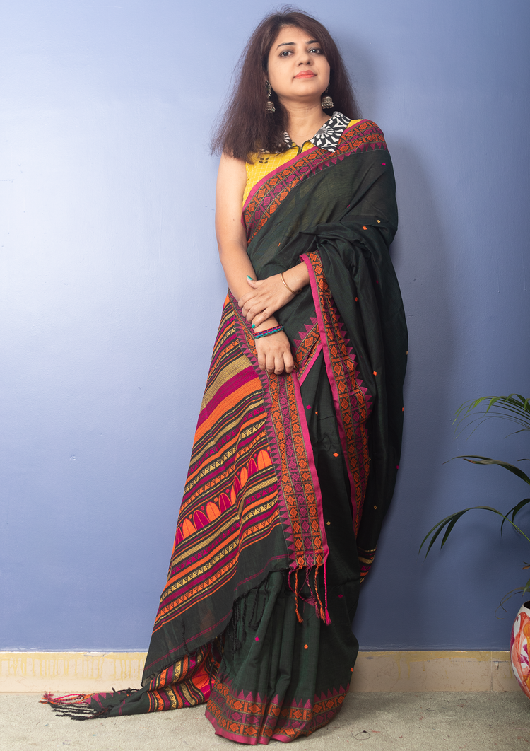 Dark Green Handwoven Cotton Sari With Dhanikhali Woven Pallu