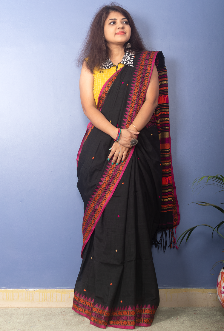 Black Handwoven Cotton Sari With Multicolor Woven Pallu