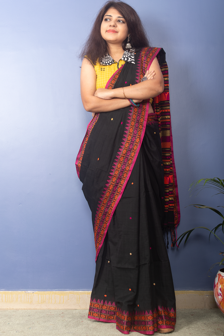 Black Handwoven Cotton Sari With Multicolor Woven Pallu