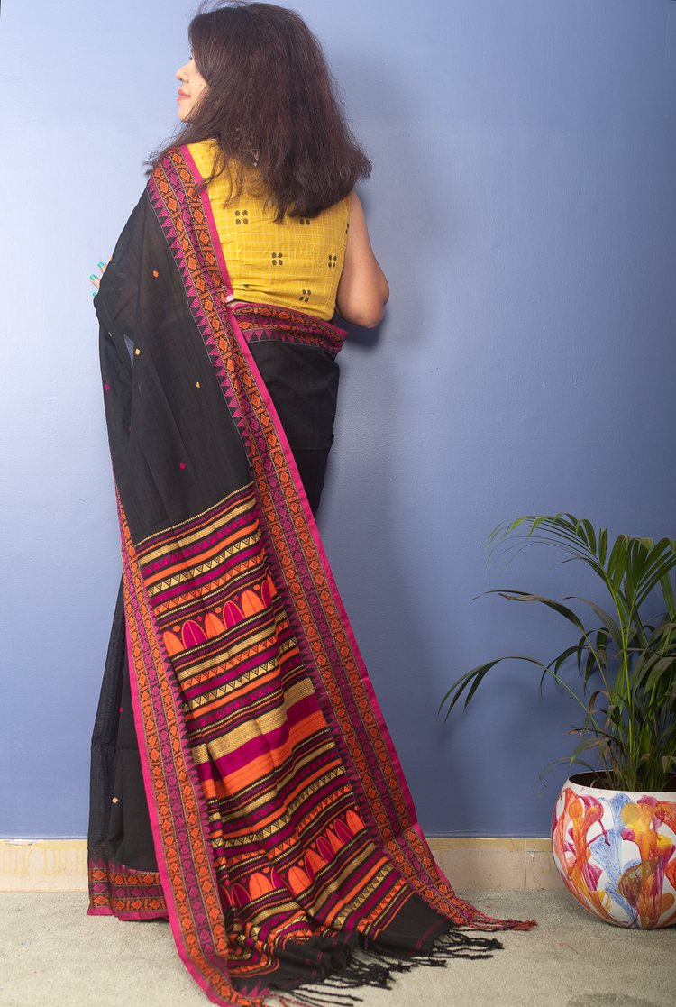 Black Handwoven Cotton Sari With Multicolor Woven Pallu