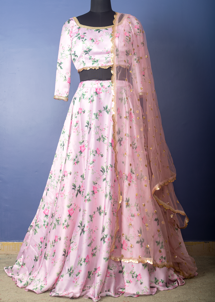 Baby Pink Satin Digital Printed Lahenga Set